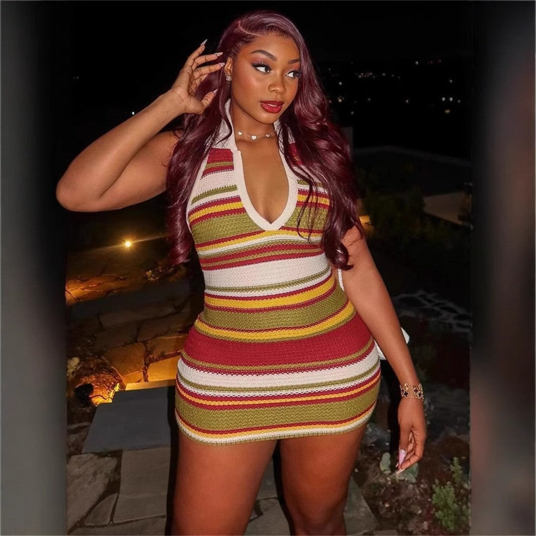 Autumn Sleeveless Slim Sexy Low-Back Halter Neck Knit Mini Dress