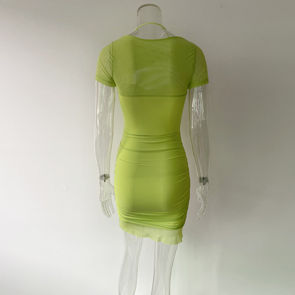 Women's Mesh Cutout Short Sleeve Pleated Slim Bodycon Tight Fitting Dress Summer 12