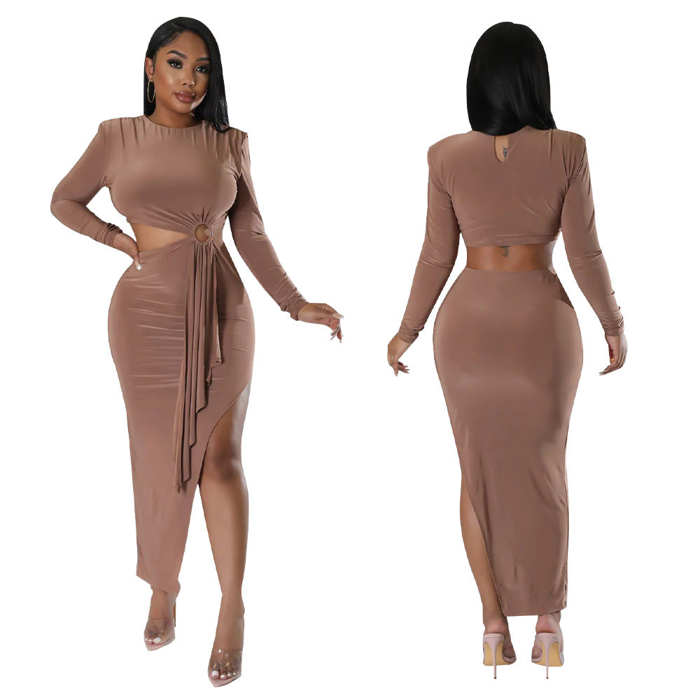 Women'S Fall Round Neck Sexy Open Waist Slit Irregular Dress 9