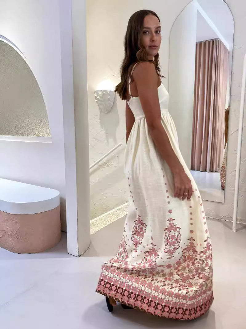 Spring Summer Strap Fashionable Printed Linen Dress 5