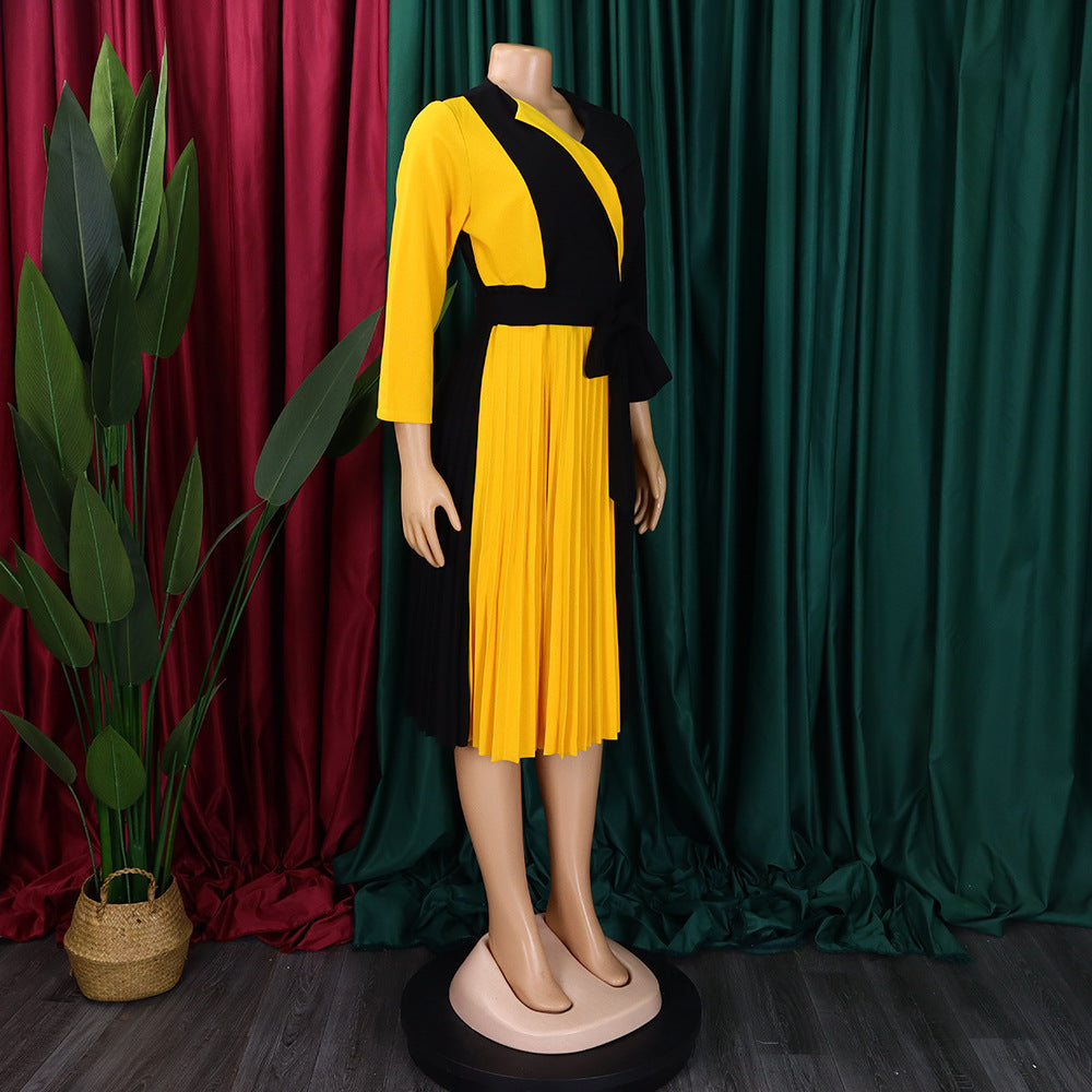 Africa Plus Size Women's Fashion Chic COLorblock Lace-Up Pleated Elegant Dress 22