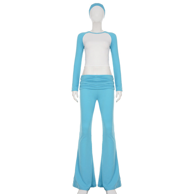 American Casual Sport Color Block Long Sleeve T-Shirt & Fold-Waist Pants Gym Three-Piece Set 6