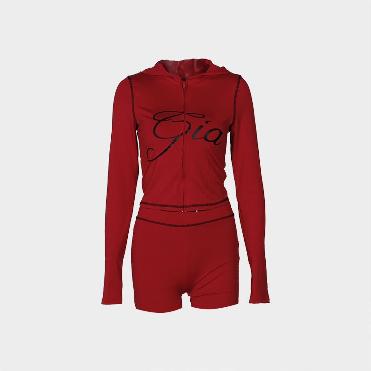 Fashion retro print slim elastic hooded sports style long sleeve top shorts women Two Piece Set 14