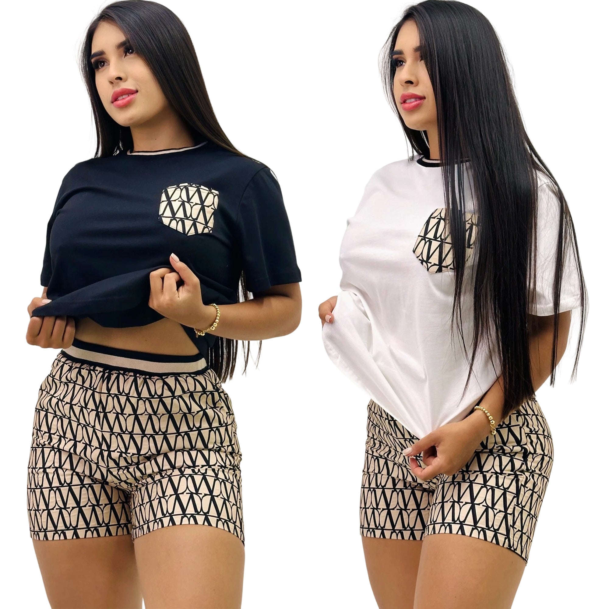 Women summer printed Round Neck pocket short-sleeved top and shorts two-piece set 9
