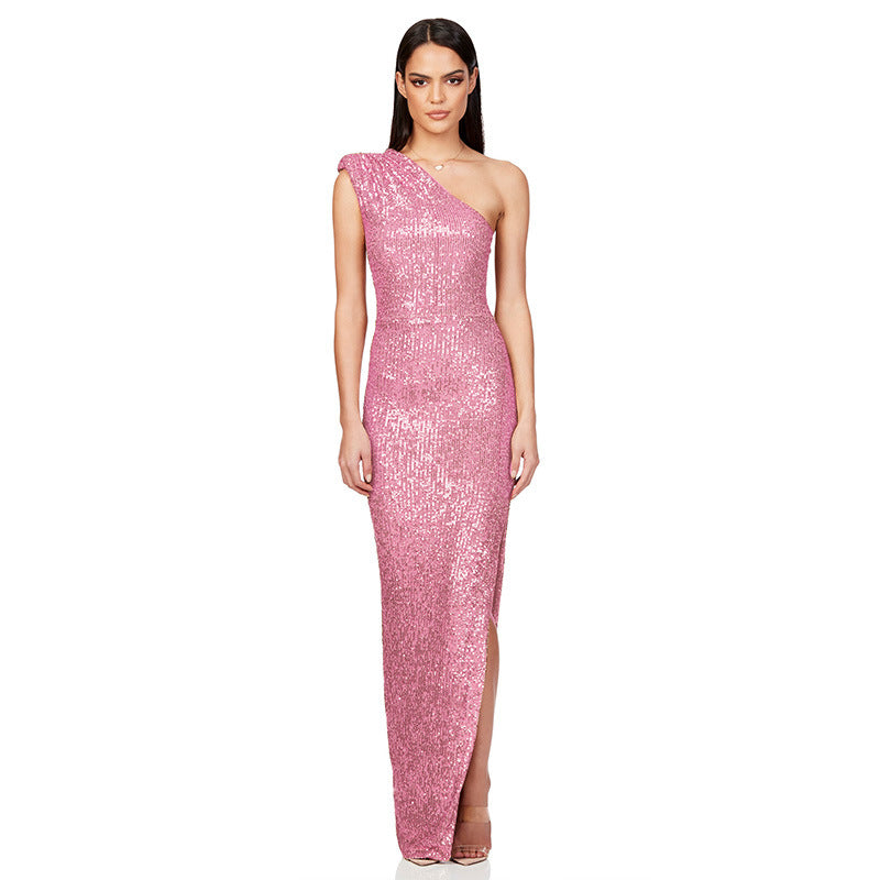 Women's One-Shoulder Sleeveless Sequined Slit Evening Party Dress 31
