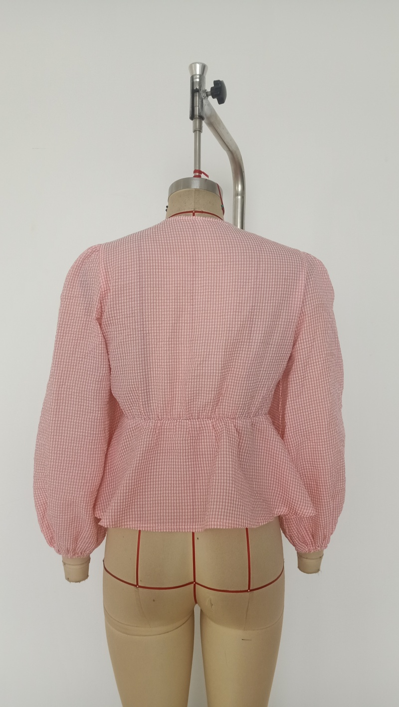 Women Casual Puff Sleeve Round Neck Loose Long Sleeve Shirt 14