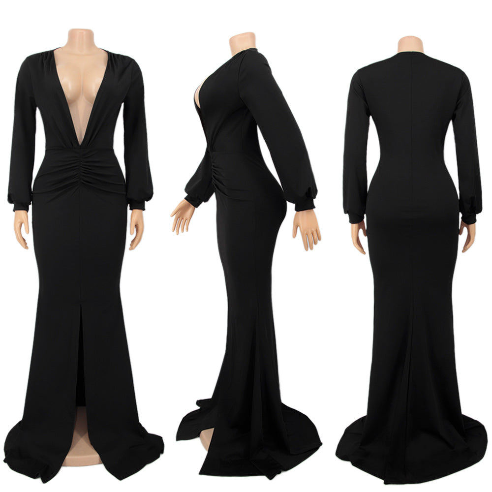 Women Solid V-neck Sexy Slit Long Sleeve Dress 12