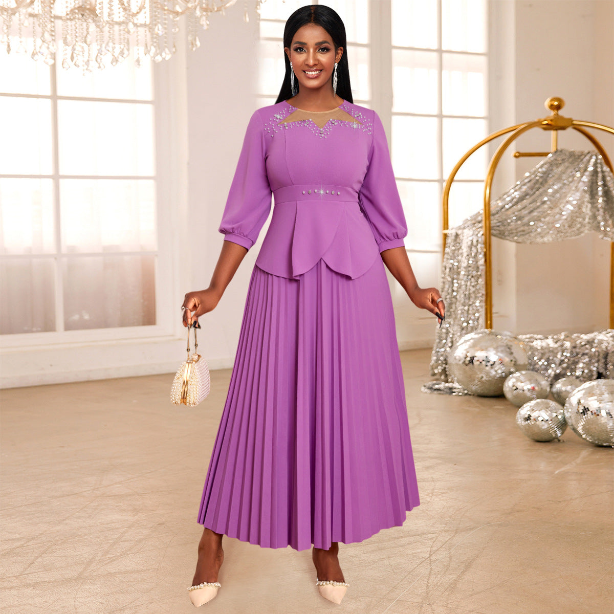 Lantern Sleeve A-Line Pleated Beaded Party Dress 3