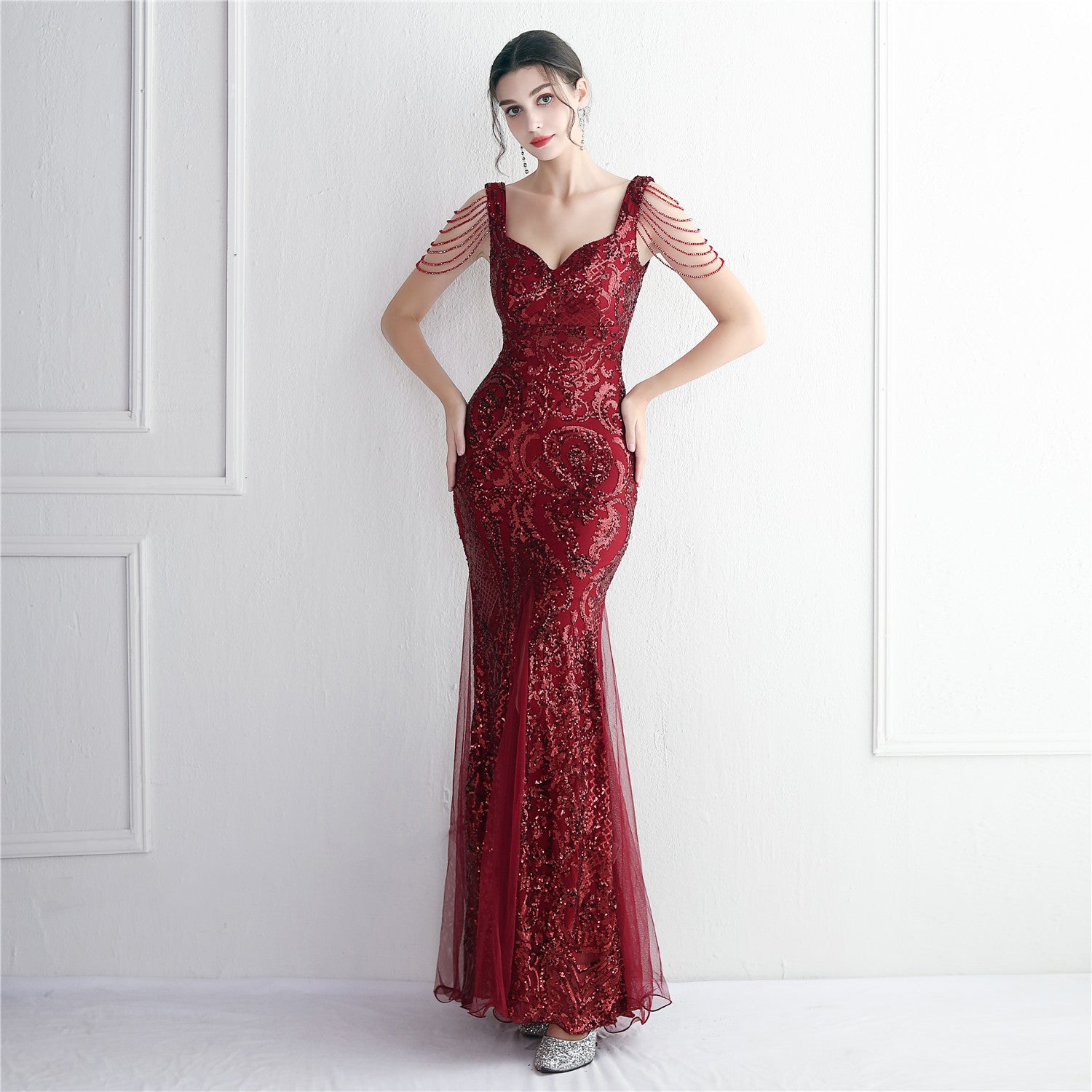 Chic Elegant Long Beaded Mesh Long Evening Dress Long Formal Party Slim Evening Dress 7