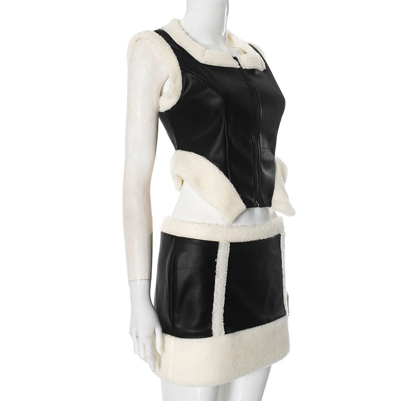 Women zipper fur edge patchwork pu-leather top and skirt two-piece set 7