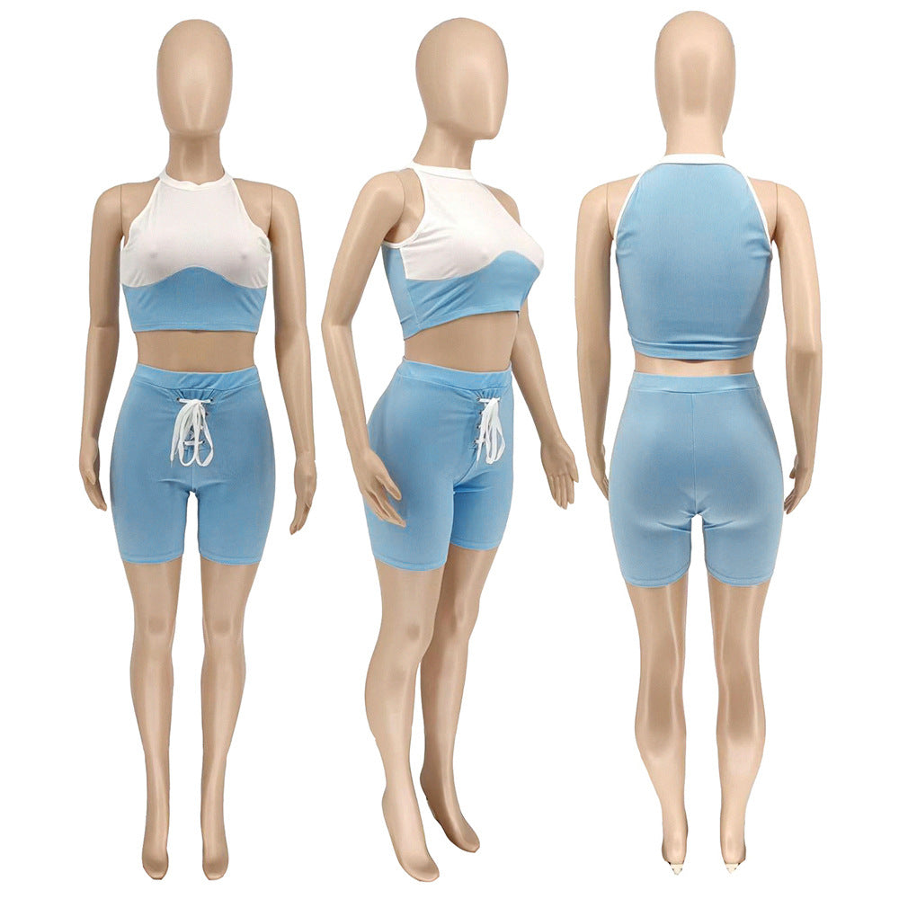 Summer Sexy Solid Colorblock Knitted Crop Top Shorts Two-Piece Set 14