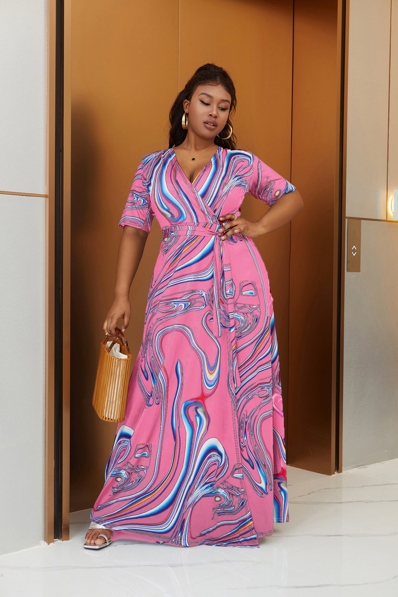 Plus Size Women Bohemian Tie Dye Casual Slit Beach Short Sleeve Dress 6