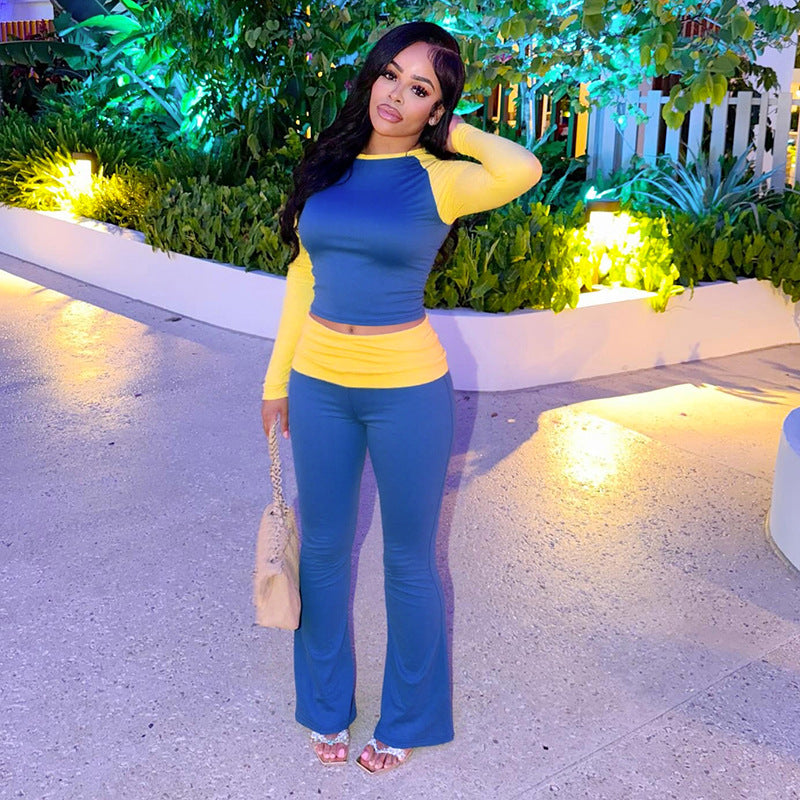 Women Contrast Raglan Long Sleeve Top and Folded Flared Trousers Two-Piece Set 5