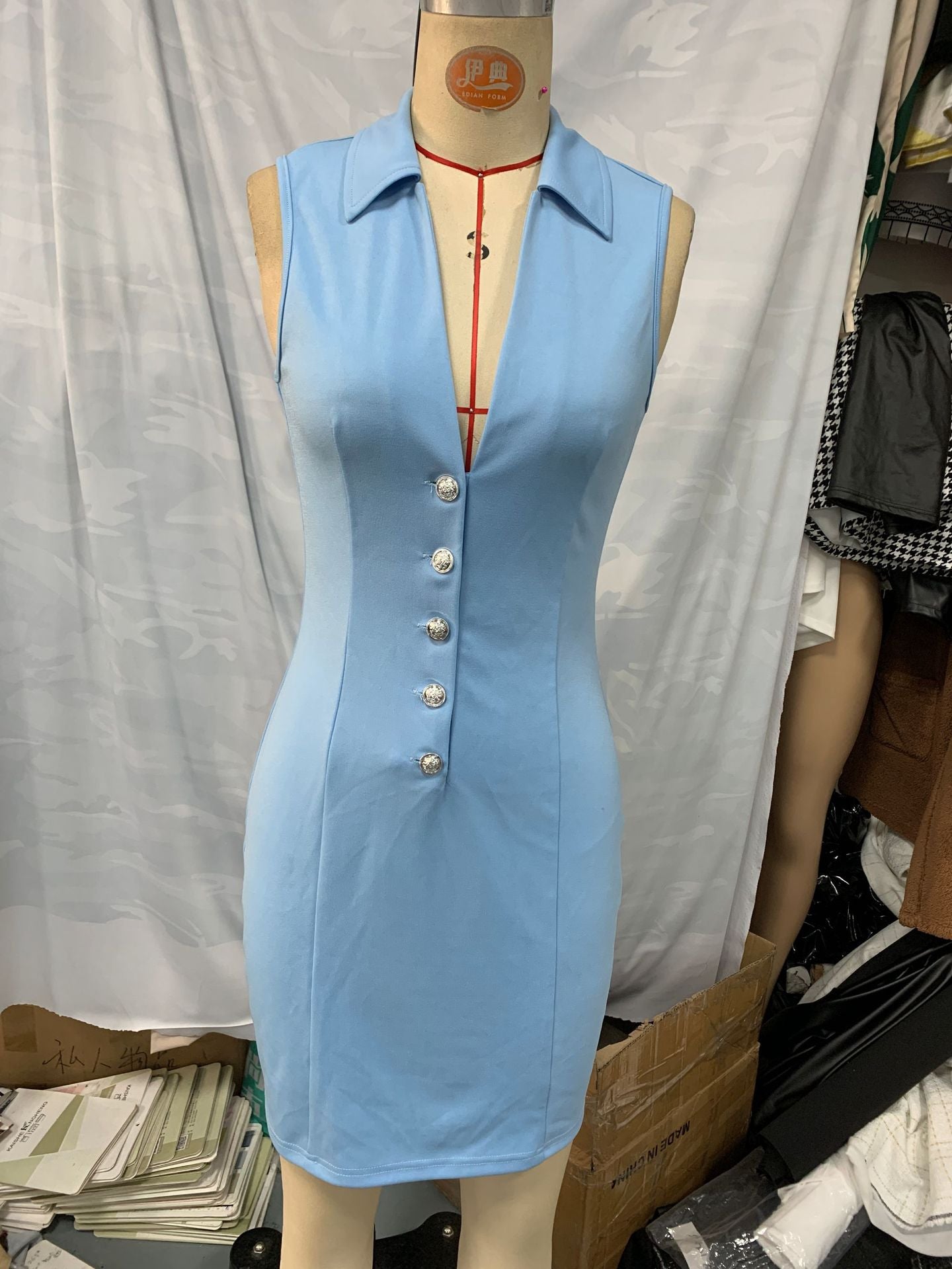 Summer Turn-Down Collar Sleeveless Bodycon Dress 5