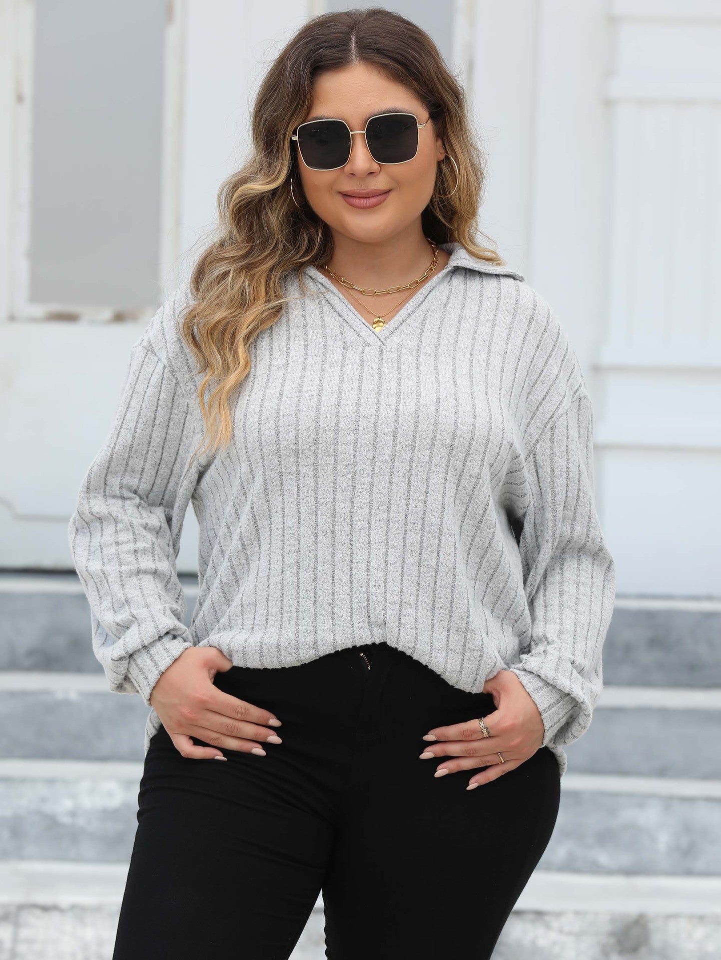 Women's Tops Plus Size Women's Turndown Collar Knitting Shirt Ribbed Basic Casual T-Shirt 3