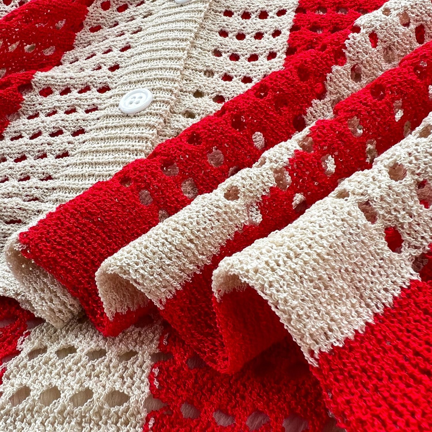 Women's Summer V-Neck Loose Knit Cardigan Top + Wide-Leg Pants Set Color-Block Striped Hollow-Out Outfit 26