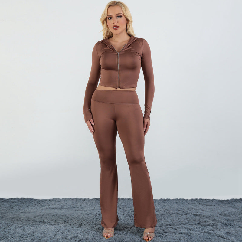 Women's autumn and winter zipper long sleeve hooded top Bell Bottom pants fashion Casual two piece set 16