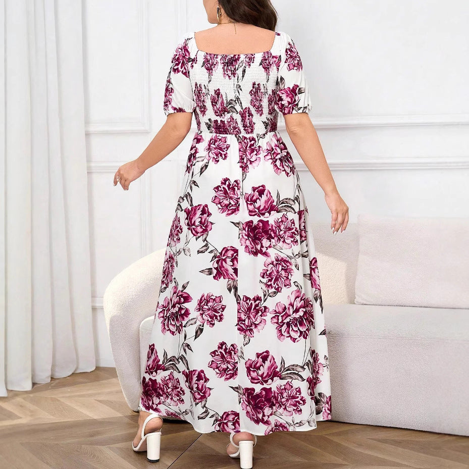 Plus Size Chic Lady Short Sleeve Square Neck Slim Waist Elegant Floral Maxi Dress