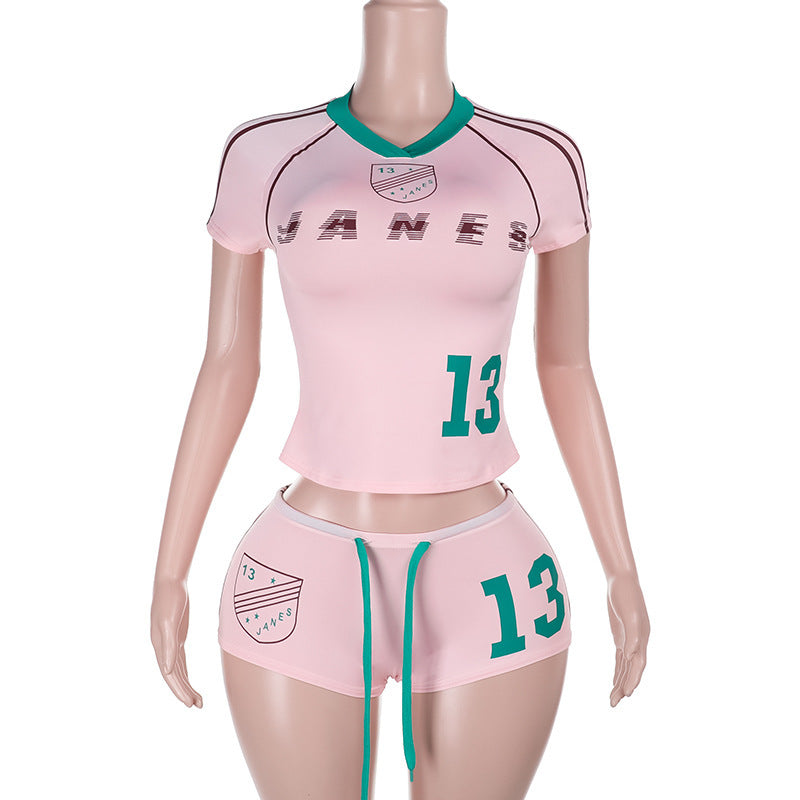 Summer Printed Short Sleeve Slim Streetwear Shorts & Casual Sports Yoga T-shirt Set 10