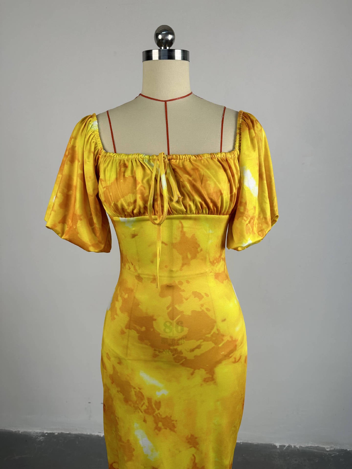 Women Summer Printed Puff Sleeve Square Neck Maxi Slit Dress 14