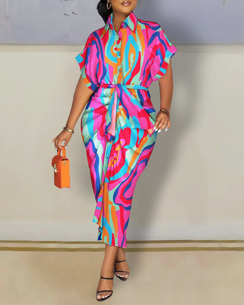 Plus Size Short Sleeve Button Printed Shirt Dress