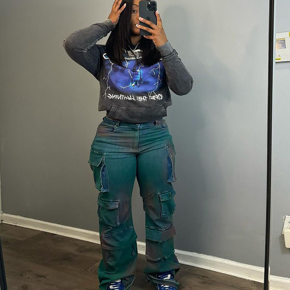 Women Style Pocket Tie Dye Denim Pants 5