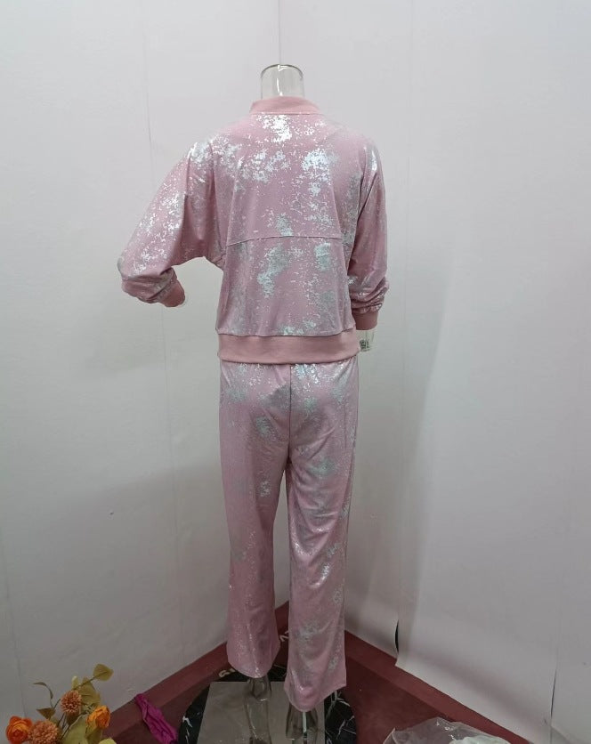 Women summer sequin print zipper casual top and pant two-piece set 11