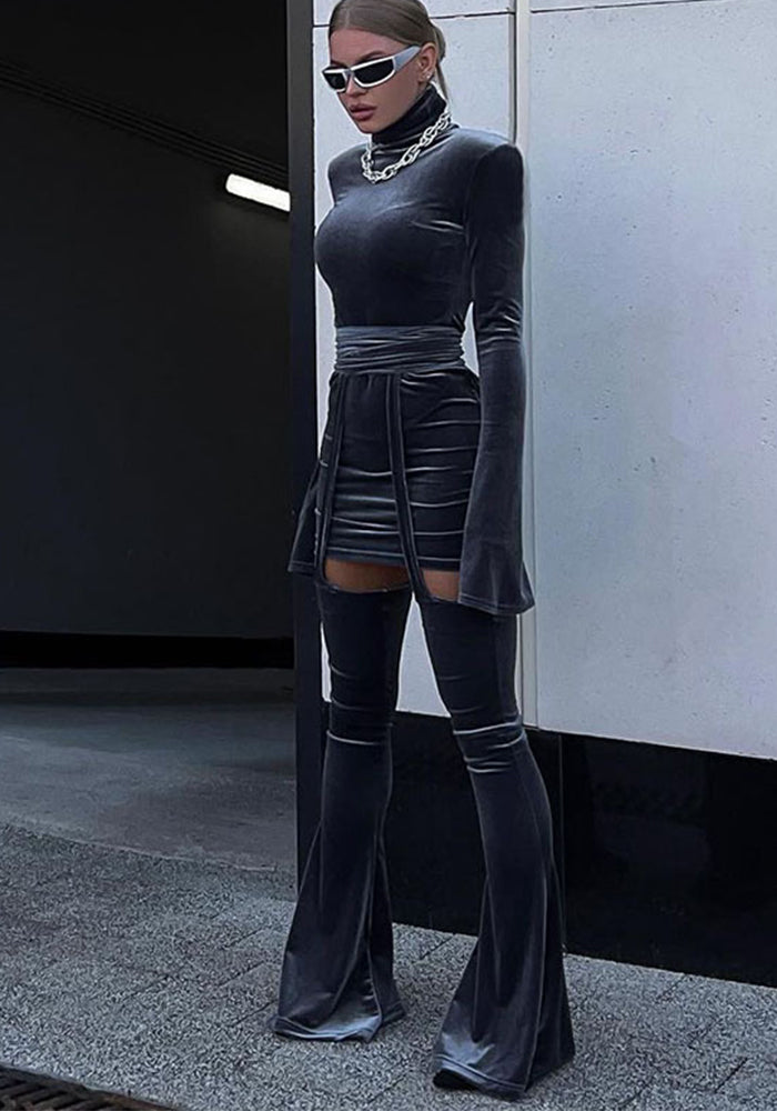 Autumn Women's Sexy Velvet Turtleneck Dress High Waist Straps Bell Bottom Pants Two Piece Set For Women