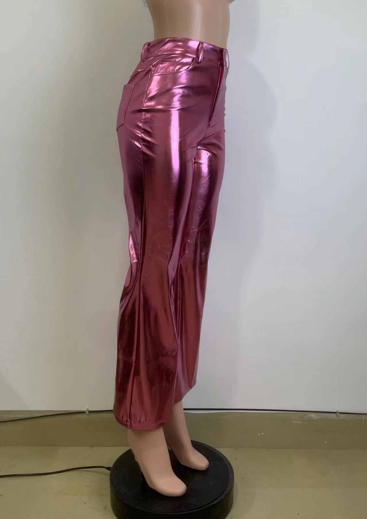 Women's Spring And Winter Metallic Bell Bottom Casual Long Leather Pants 10