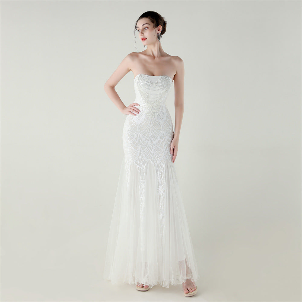 Women sequined mesh beaded tube flower Strapless fishtail skirt Formal Party evening dress 3