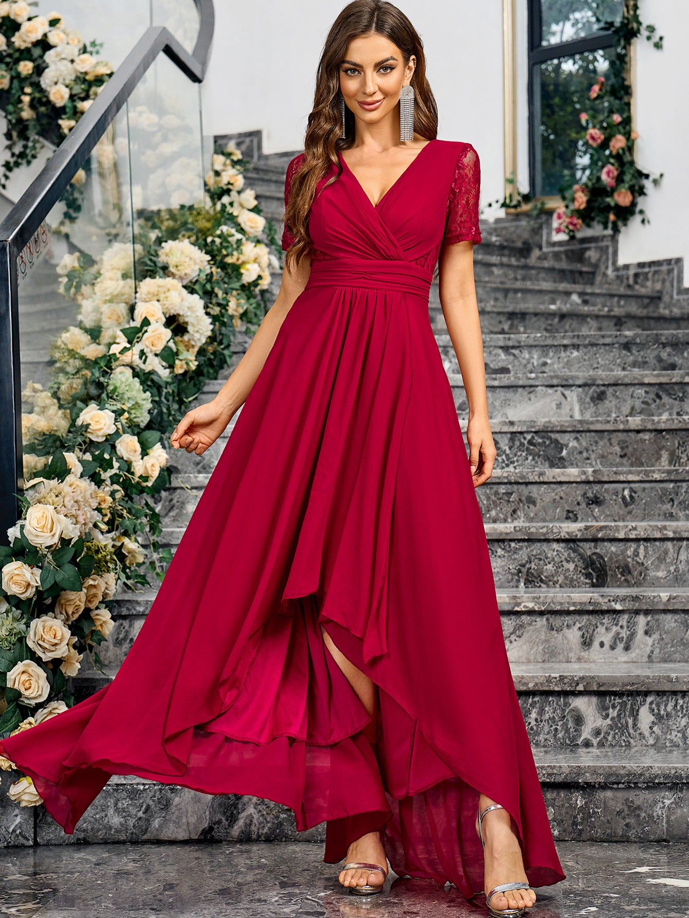 V-Neck Solid Color Summer Elegant Slim Long Formal Party Dress 7
