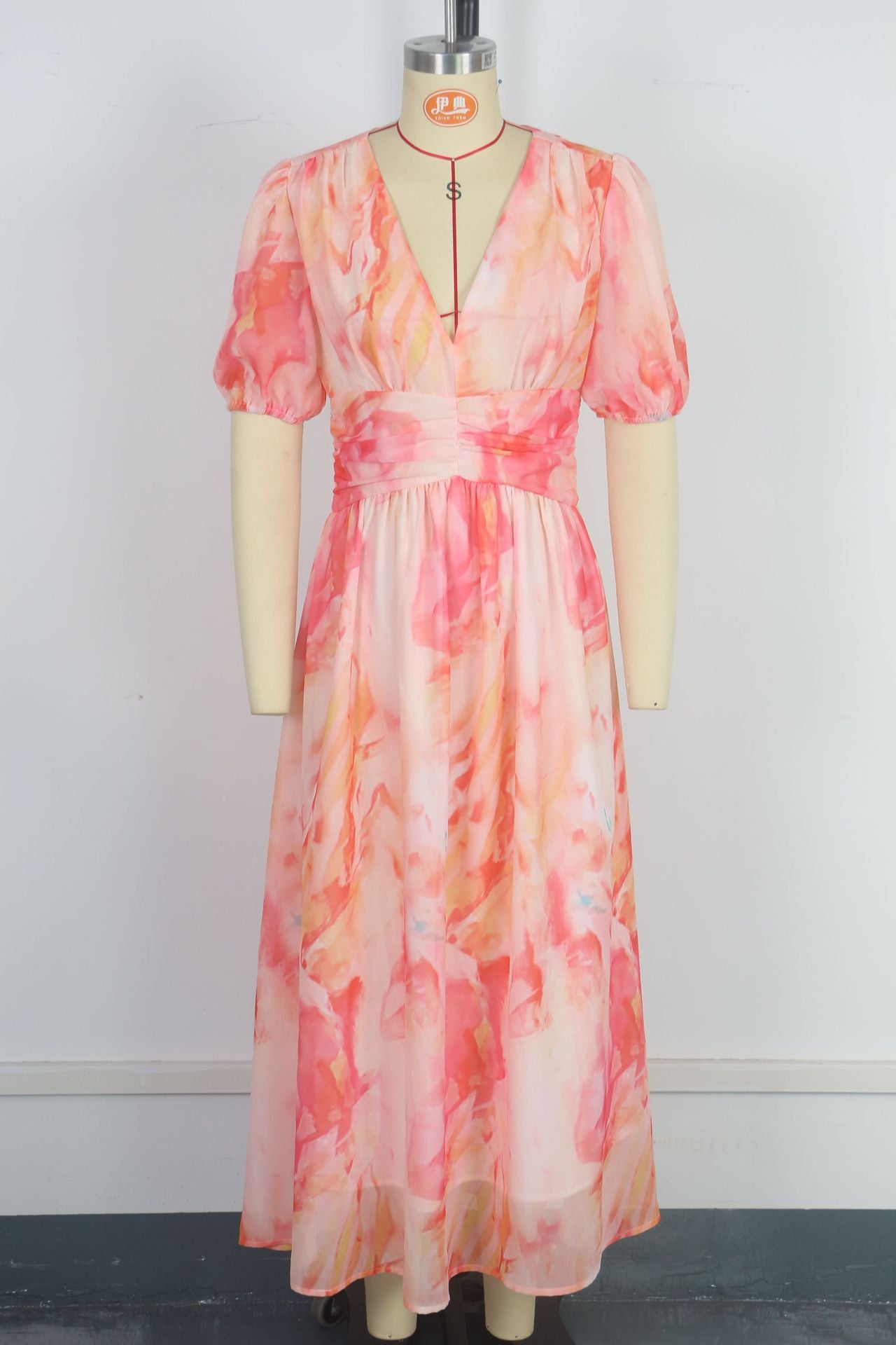 Women Holiday Chiffon V-Neck Short-Sleeve Zippered Print Dress 5