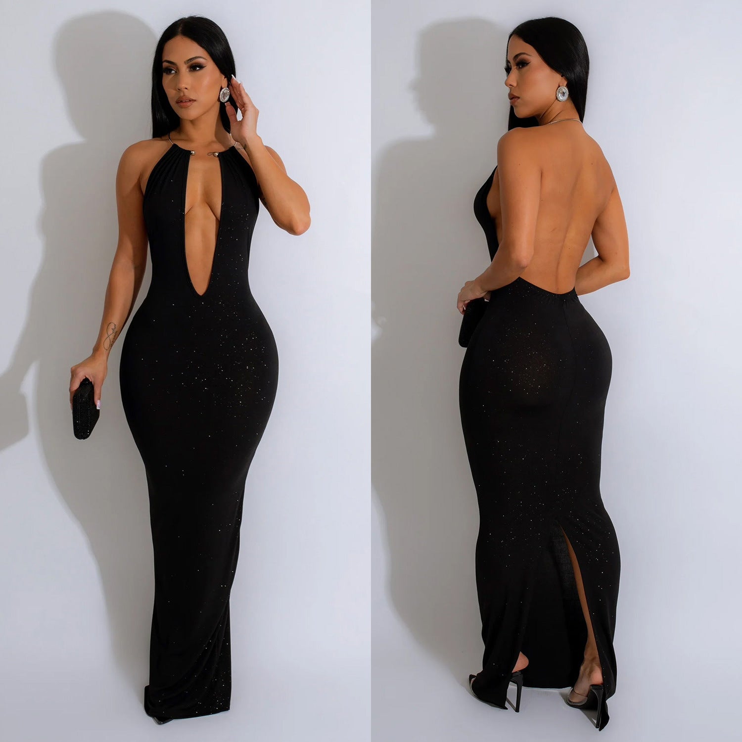 Women Solid Hollow Backless Sleeveless Maxi Dress