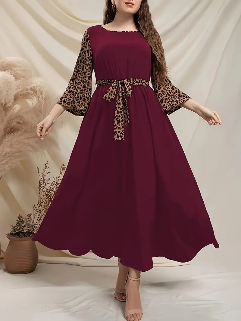 Plus Size Women Leopard Patchwork Bell Bottom Sleeve Slim Waist Long Dress 5