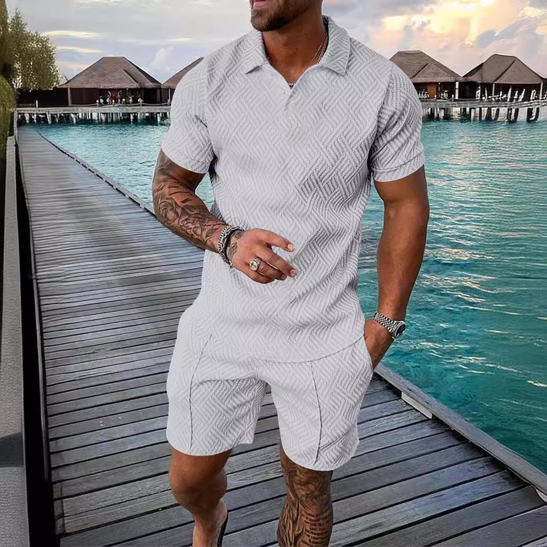 Men's Summer Fashion Casual Printed Turndown Collar Polo Shirt Shorts Two Piece Set 13