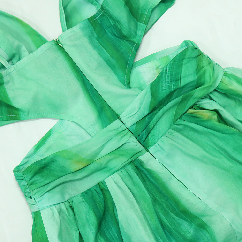 Halter Lace-Up Sleeveless V-Neck Printed Women Fashion Sexy Long Dress 8