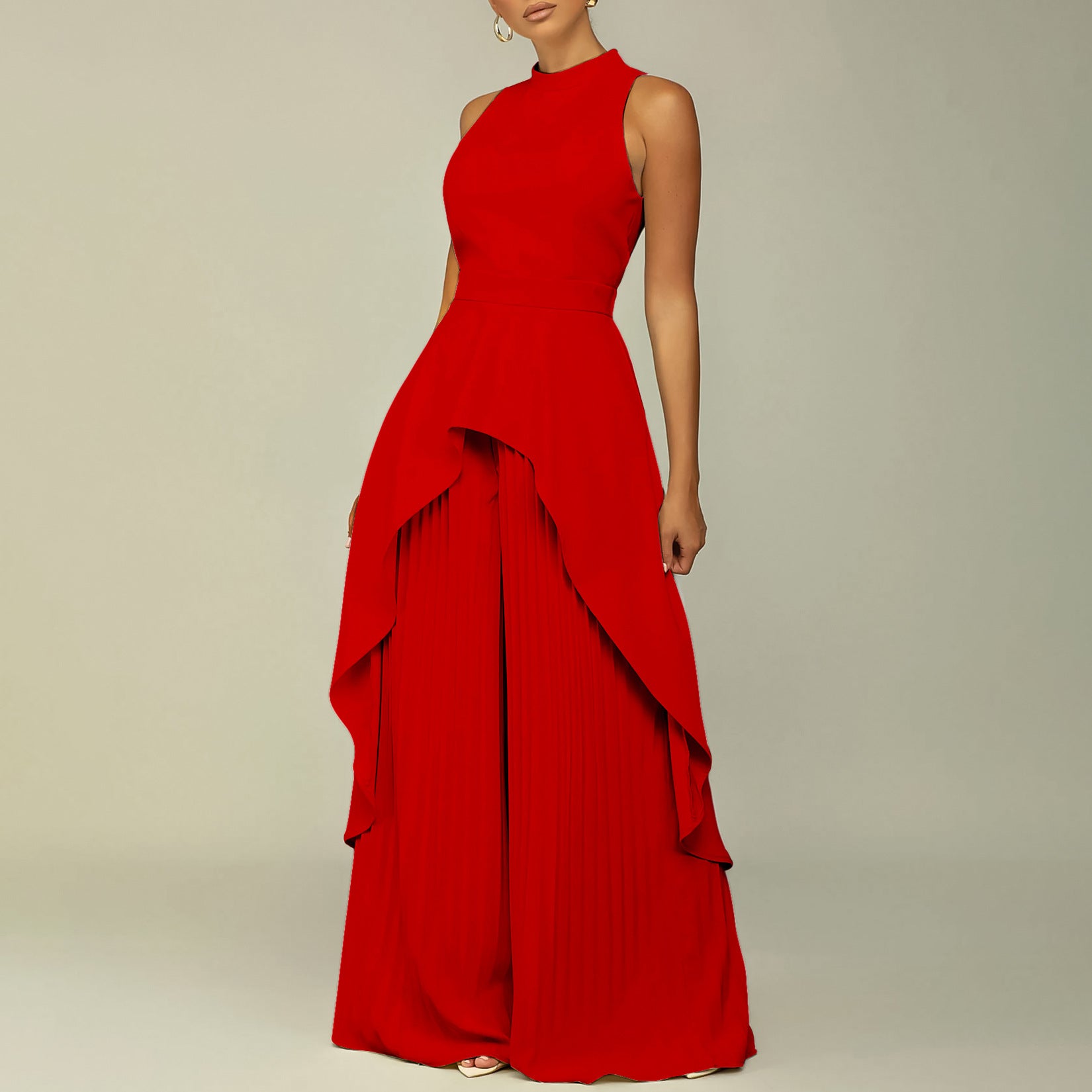 Women's OL Sleeveless Irregular Top Wide Leg Pants Two-Piece Suit 15