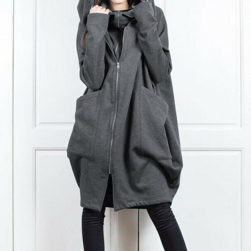 Women Hooded Pocket Zipper Fake Two Piece Loose Jacket Casual Hoodies 6
