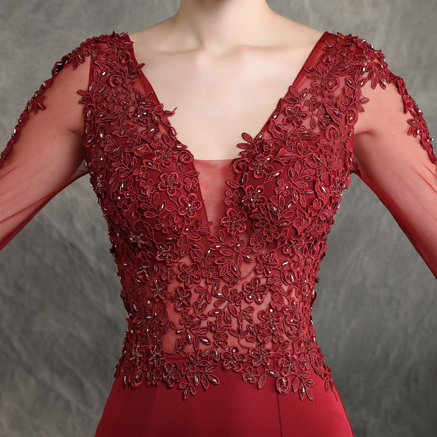 Women Beaded Long Sleeve Fishtail Evening Dress 16