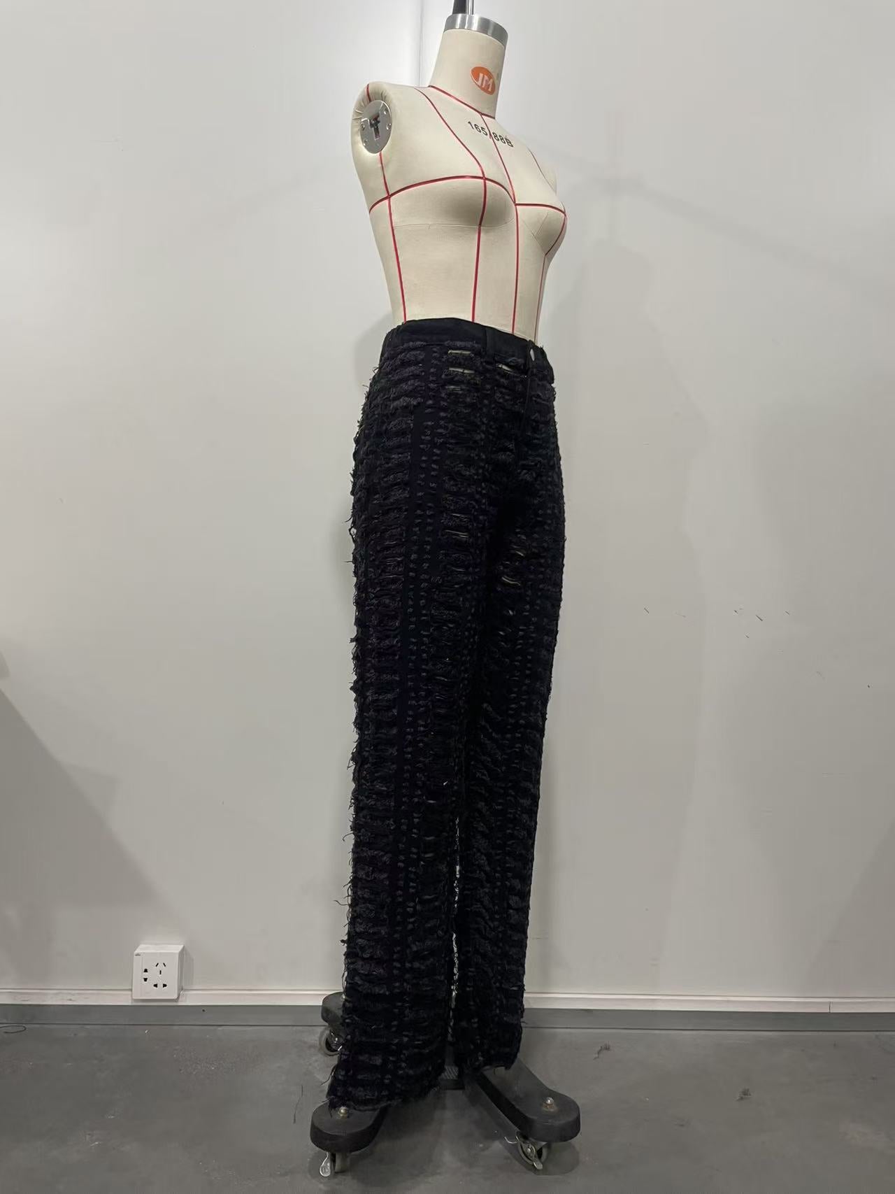 Spring Summer Women's Ripped Tassel Solid Color Wide Leg Pants 9