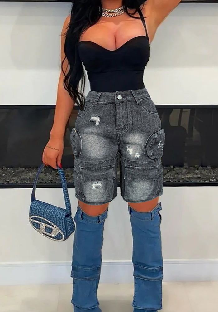Women Pocket Ripped Knee-Length Denim Shorts