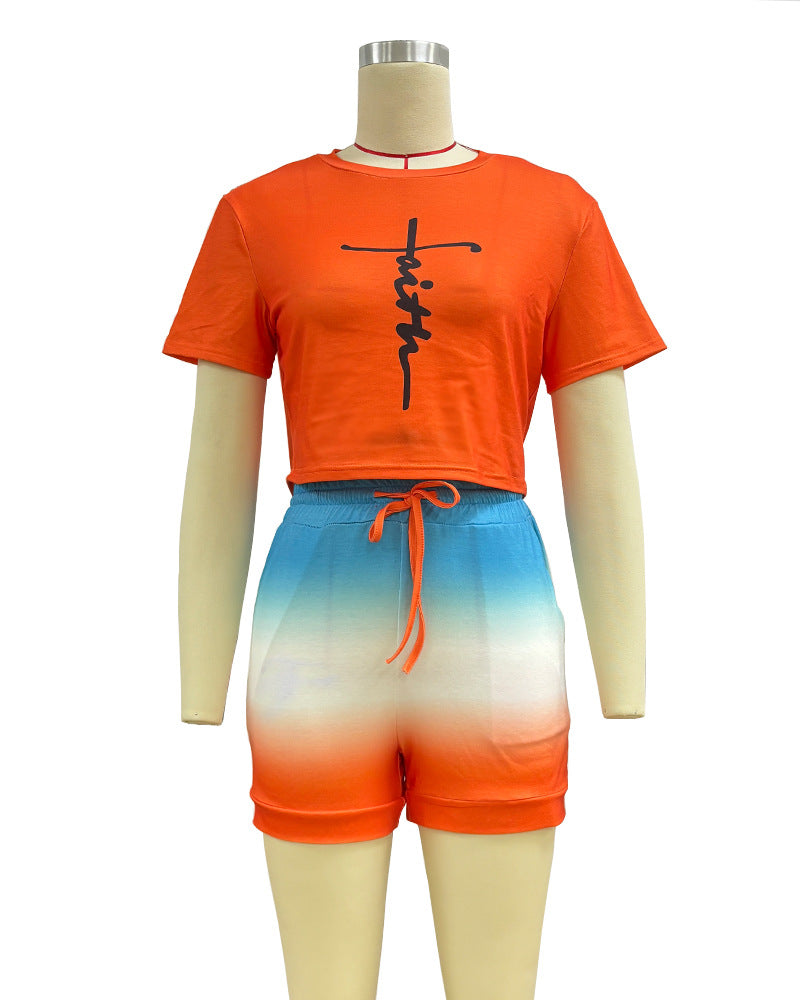 Women round neck printed short sleeve top and lace-up shorts two-piece set 7