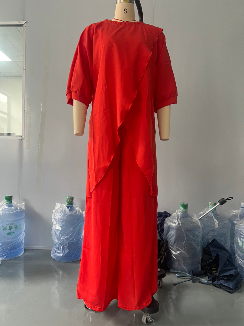 Women's Summer Solid Color Round Neck Casual Fashion Loose Irregular Two Piece Pants Set 7