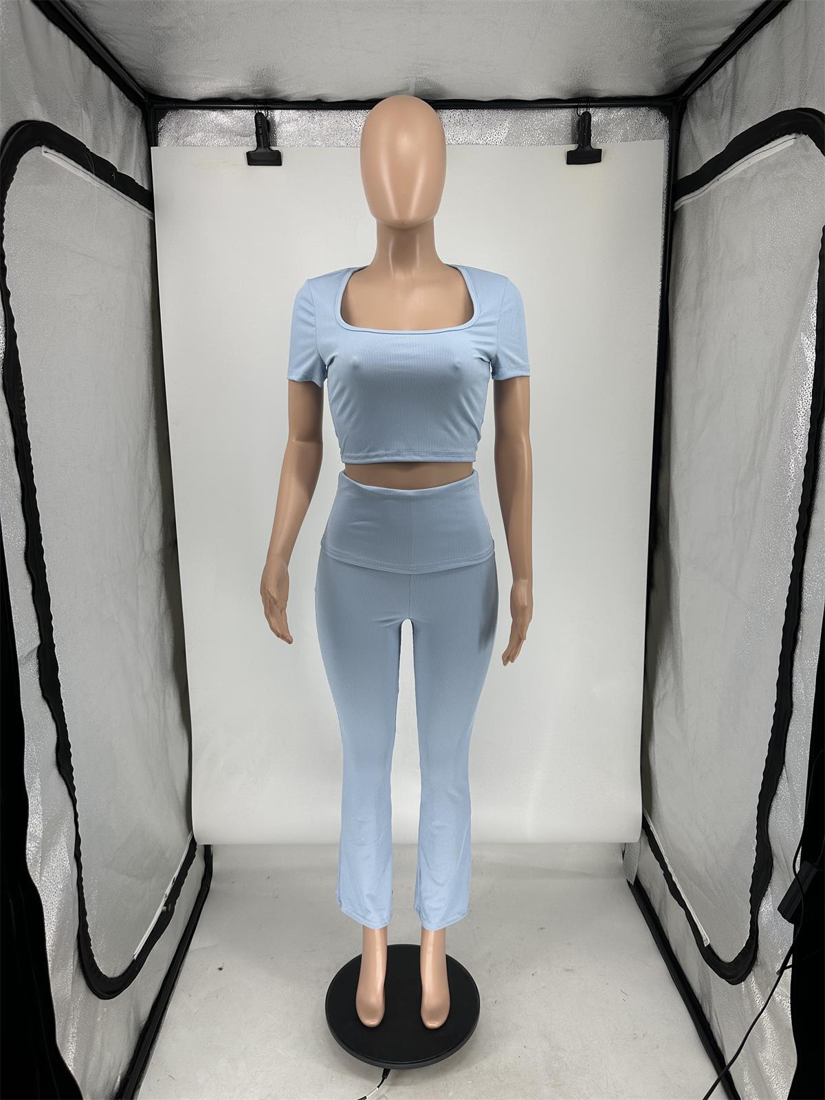 Women Summer Ribbed U-neck Short Sleeve Top and Pant Two-piece Set 20