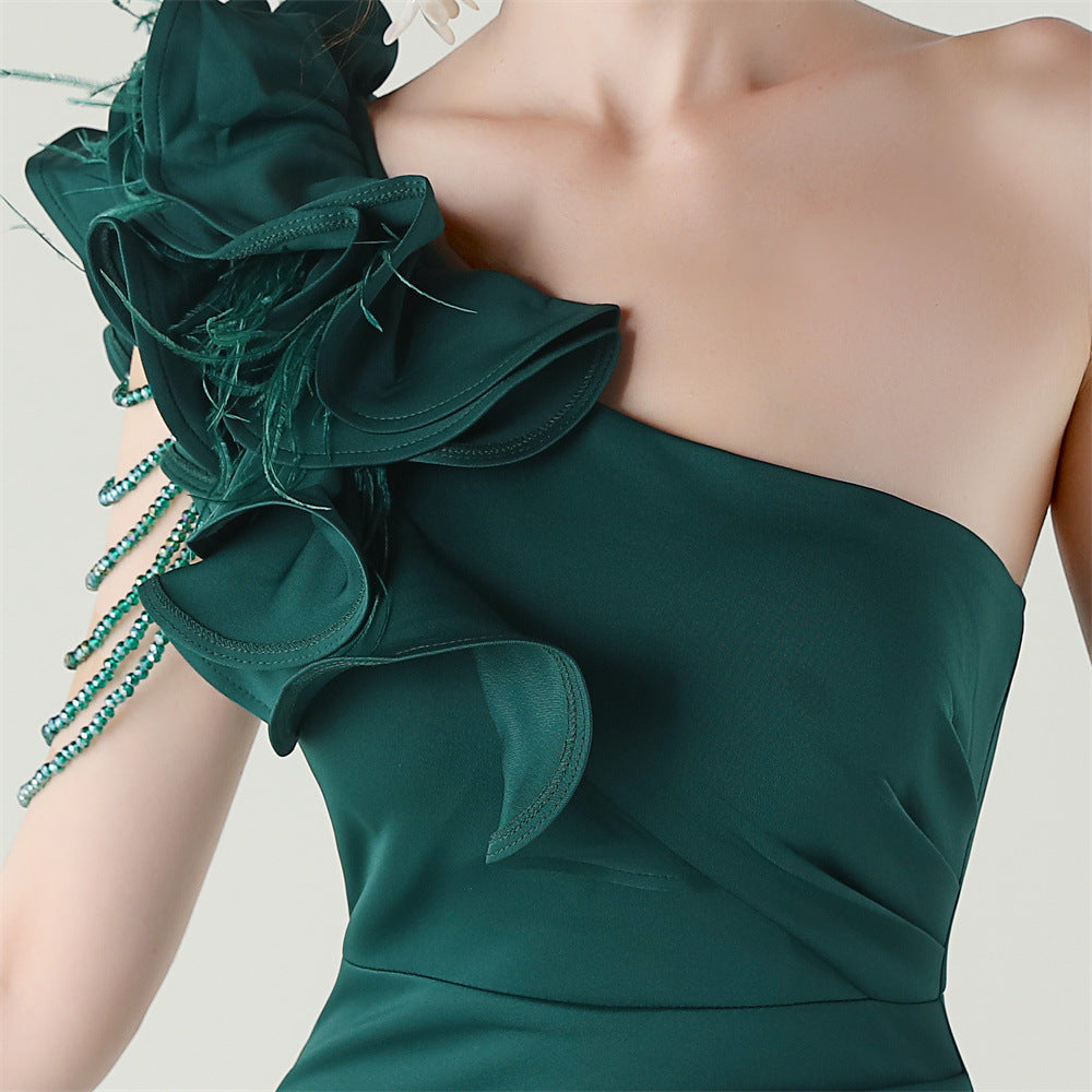 Women One-Shoulder Beaded Wool and Floral Satin Slit Sexy Evening Dress 73