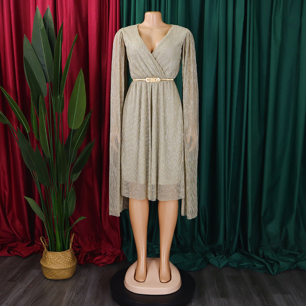 Belted V-Neck Chic Long Sleeve Cape Slim Waist Gown Dress 14