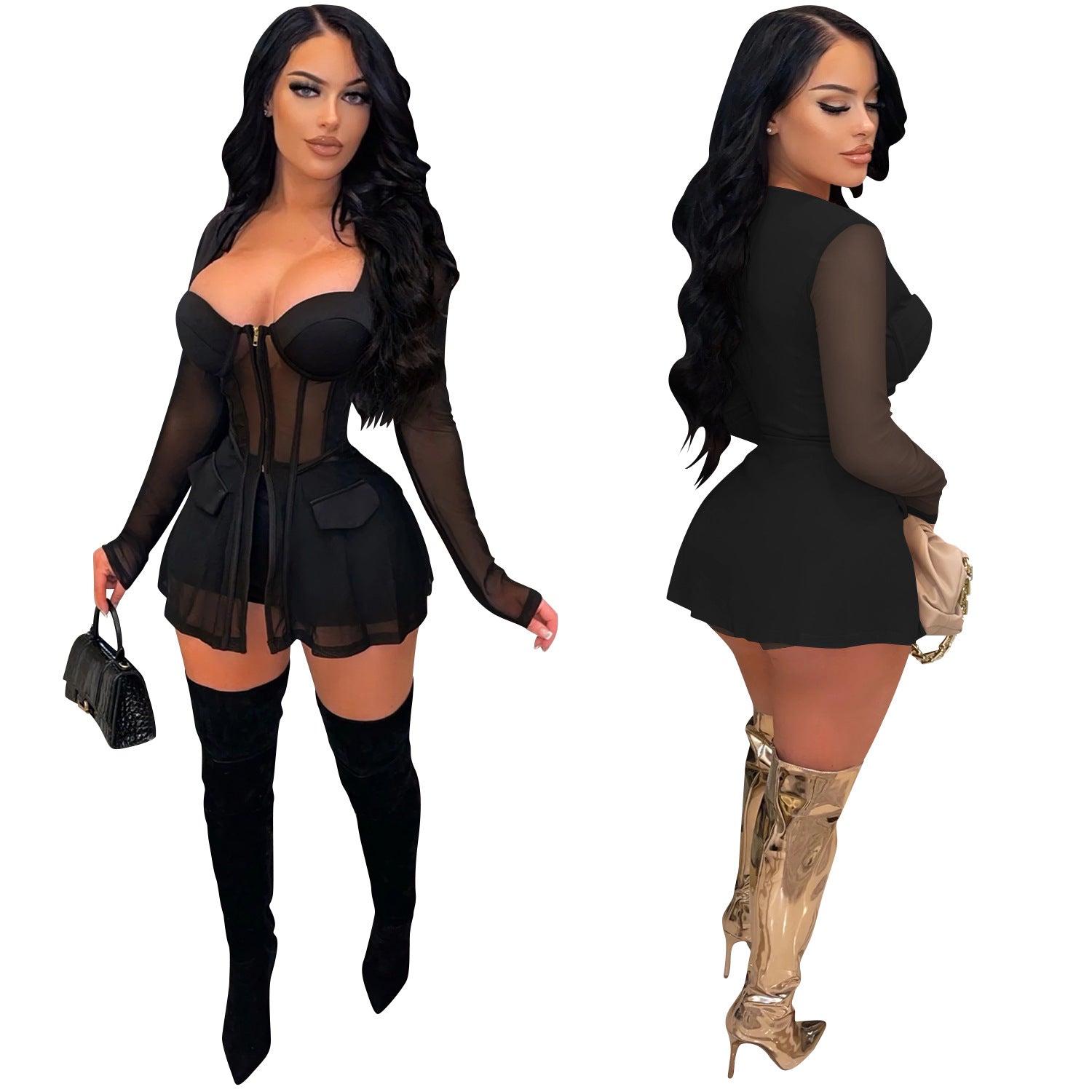 Women Mesh See-Through Long-Sleeved Top and Shorts Two-Piece Set 17
