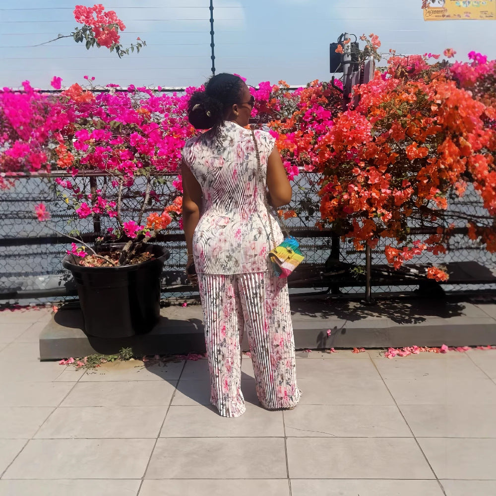 Women's Spring Pleated Round Neck Flying Sleeve Fashion Print Top Wide-Leg Pants Two-Piece Set