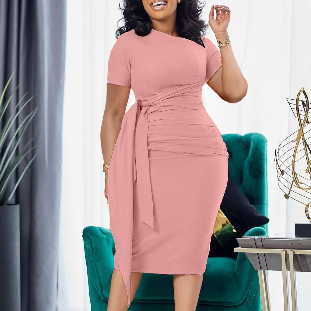 African Women Summer Short Sleeve Pleated Lace-Up Slash Shoulder Dress 6