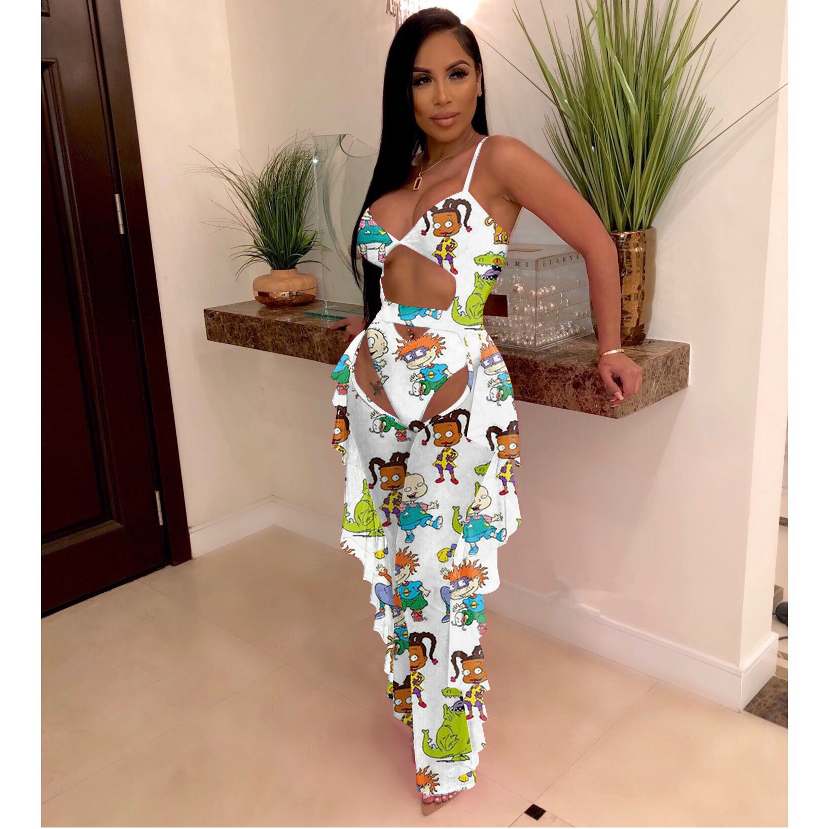 Sexy Women's Solid Color Printed One Piece Swimsuit Mesh Pants Two-Piece Set 18